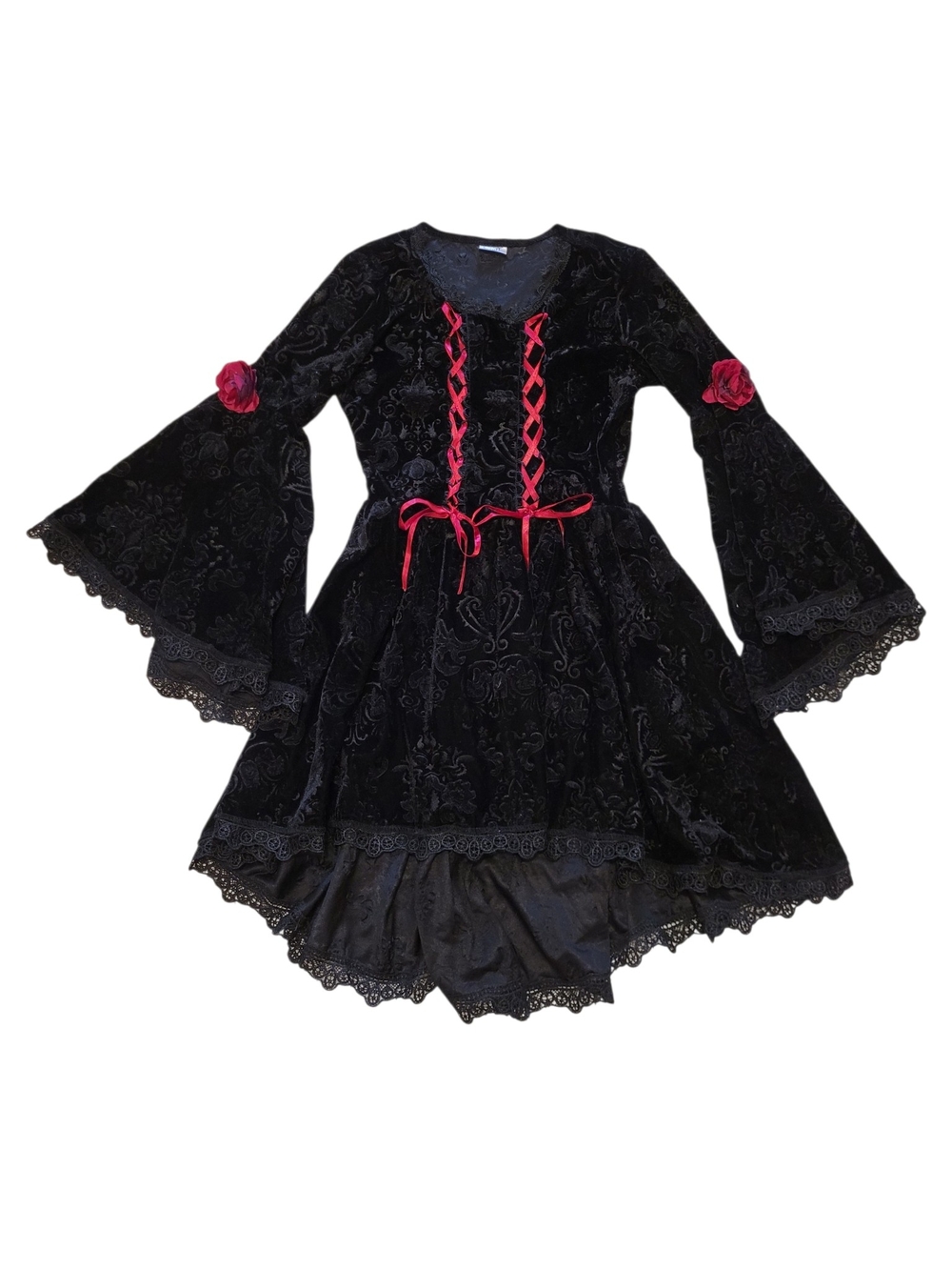Spirit Black Velvet Gothic Dress Costume with Red Ribbon Detail